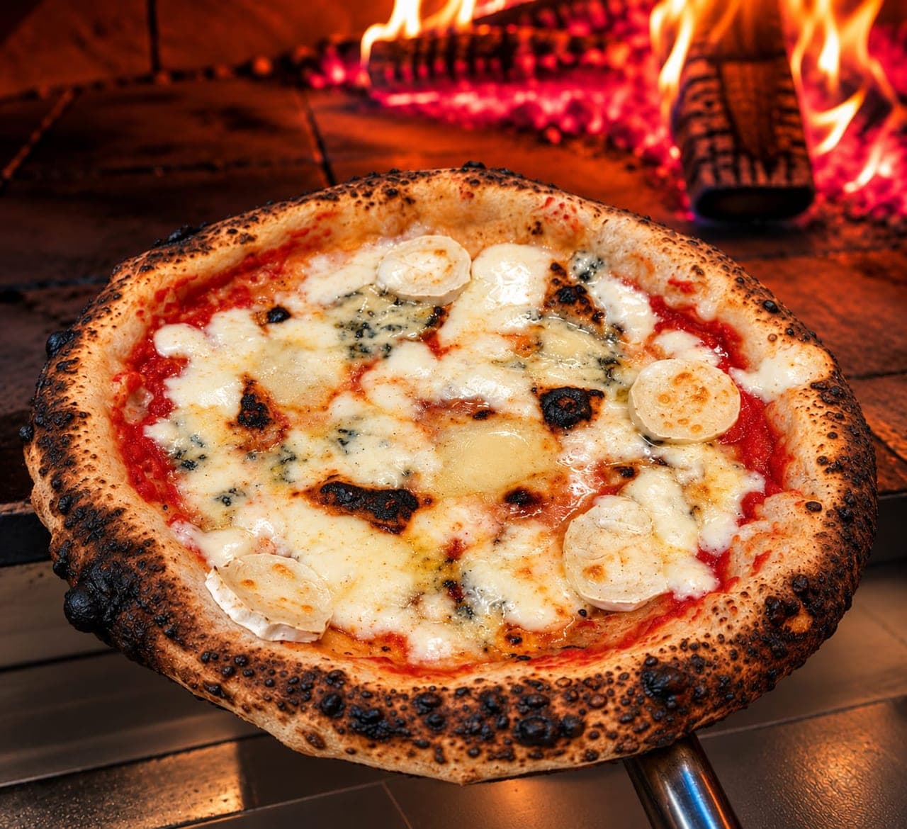 La pizza 4 fromages sur la pelle, devant les flammes du four à bois.