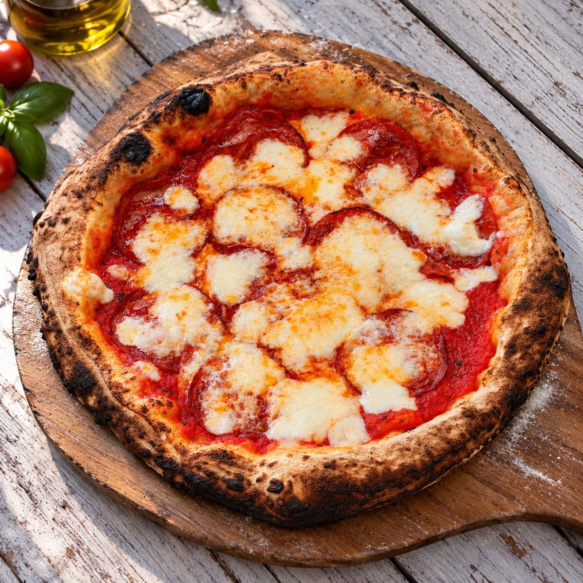 La pizza Chorizo sur une planche en bois.