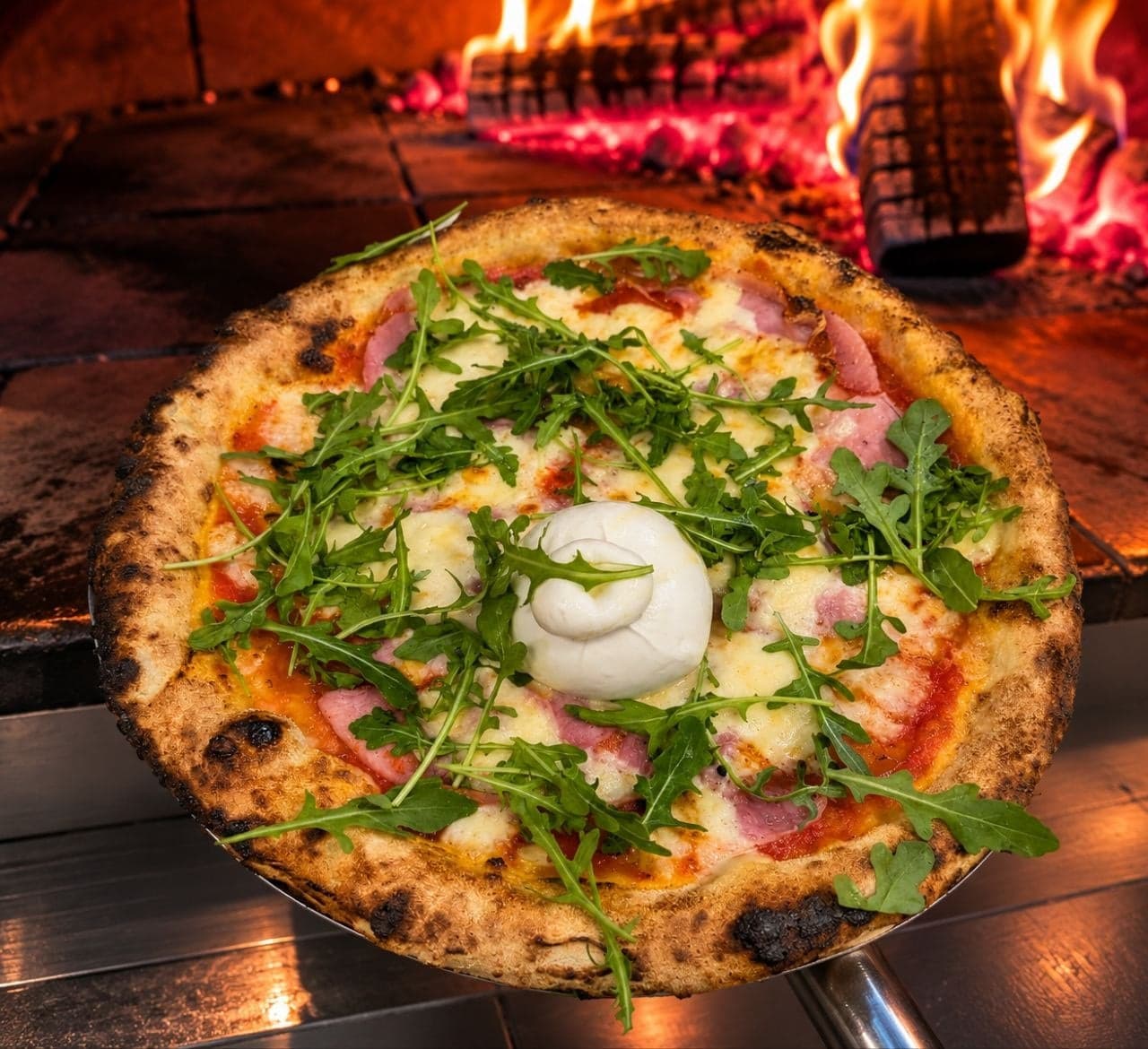 La pizza La burrata sur la pelle, devant les flammes du four à bois.