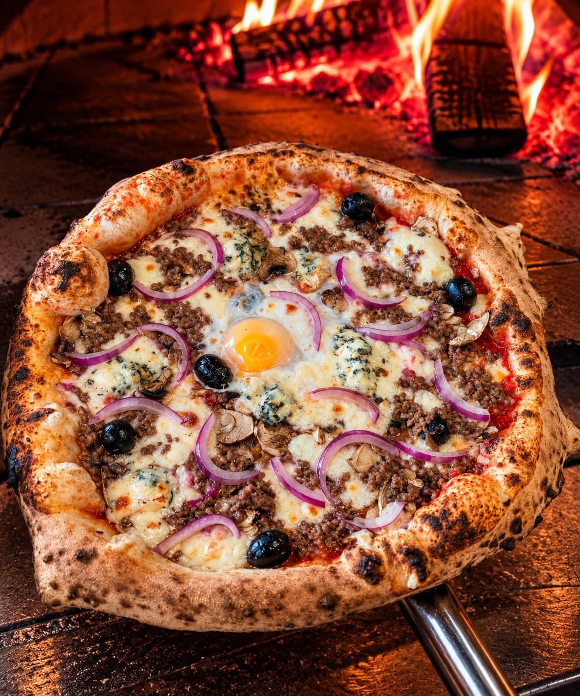 La pizza La Sergio sur la pelle, devant les flammes du four à bois.