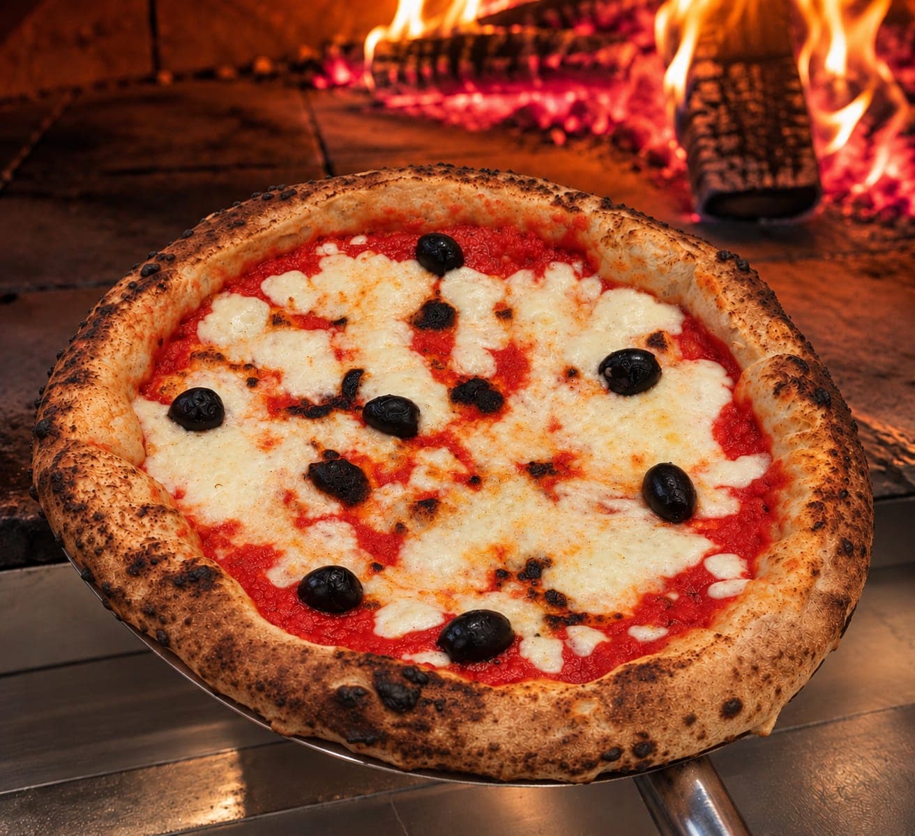 La pizza Margarita sur la pelle, devant les flammes du four à bois.