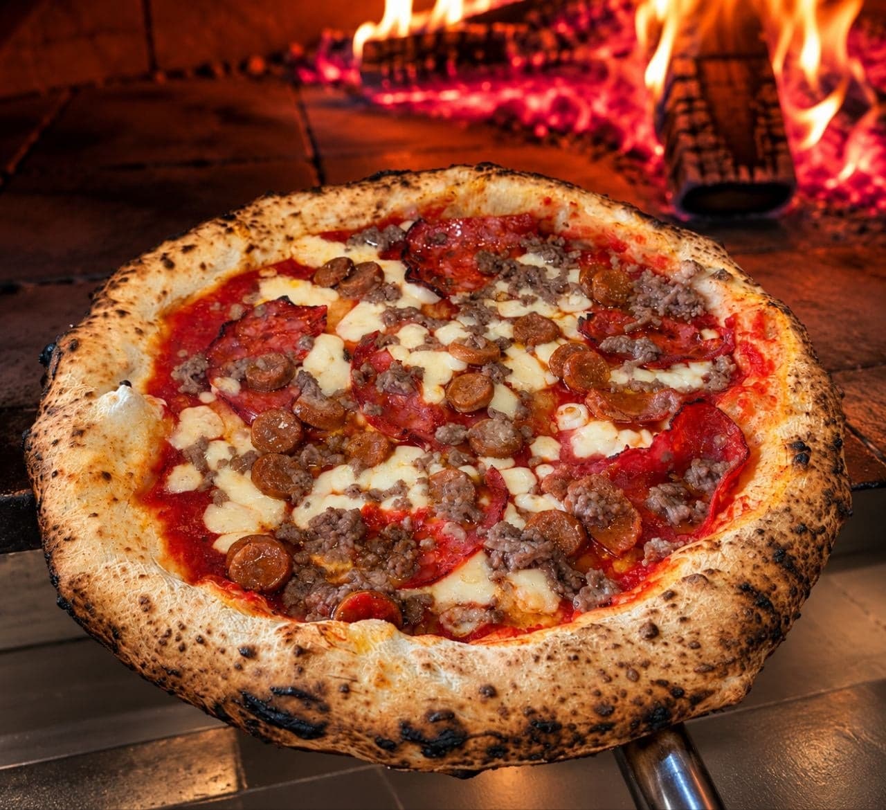 La pizza Mexicaine sur la pelle, devant les flammes du four à bois.