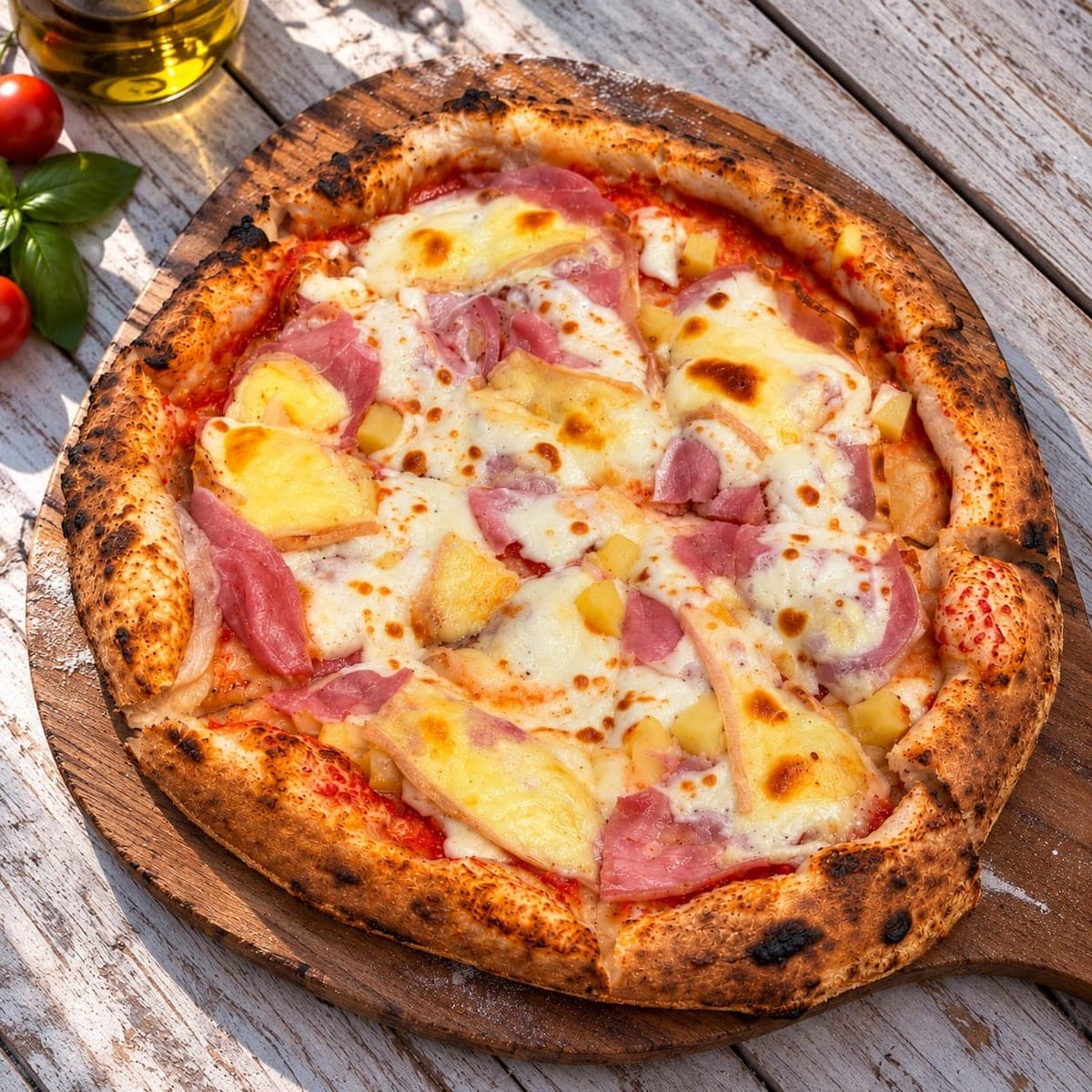 La pizza Raclette sur une planche en bois.