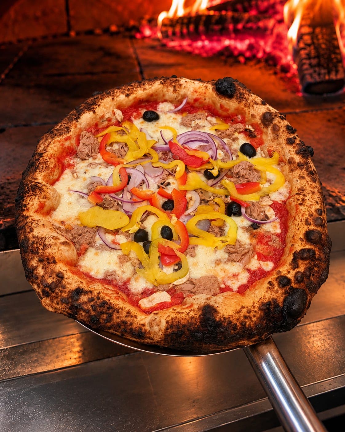 La pizza La thon sur la pelle, devant les flammes du four à bois.